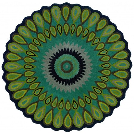 Homeroots 3 ft. Round Green Peacock Feather Area Rug 396246